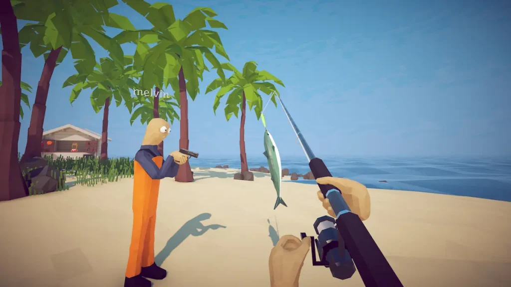 Joueur pêchant un poisson sur une plage dans How to Fish, avec un autre joueur armé à côté