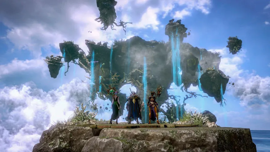 Trois personnages de Lost Ark face à un paysage de falaises flottantes