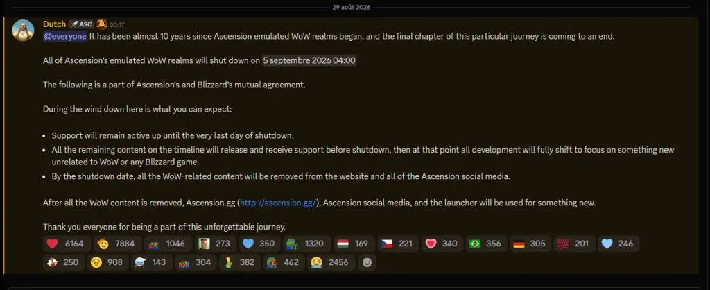 Annonce Discord de la fermeture de Project Ascension.