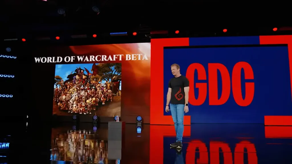 Keynote de la GDC 2026 avec Rob Pardo et une diapositive de la bêta de World of Warcraft