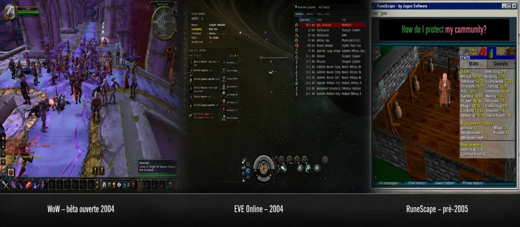 Comparatif visuel de World of Warcraft, EVE Online et RuneScape autour de 2004-2005