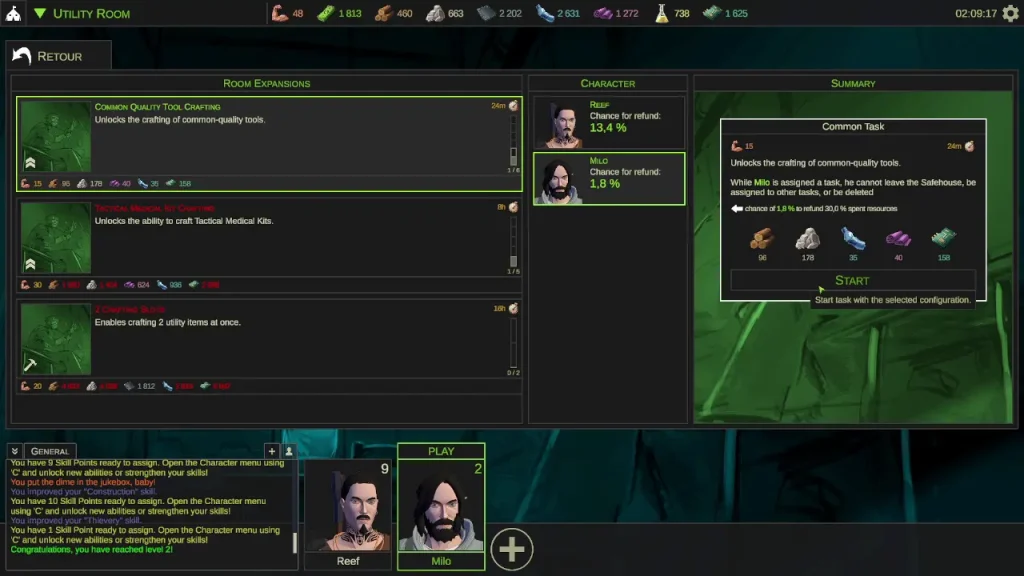 Interface de la safe zone de Persist Online montrant l’attribution d’une tâche de craft à un personnage