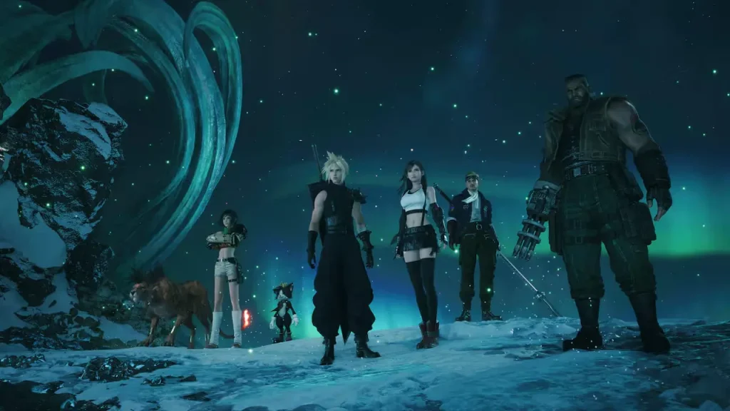 Personnages de Final Fantasy VII Revelation dans un décor enneigé aux aurores boréales