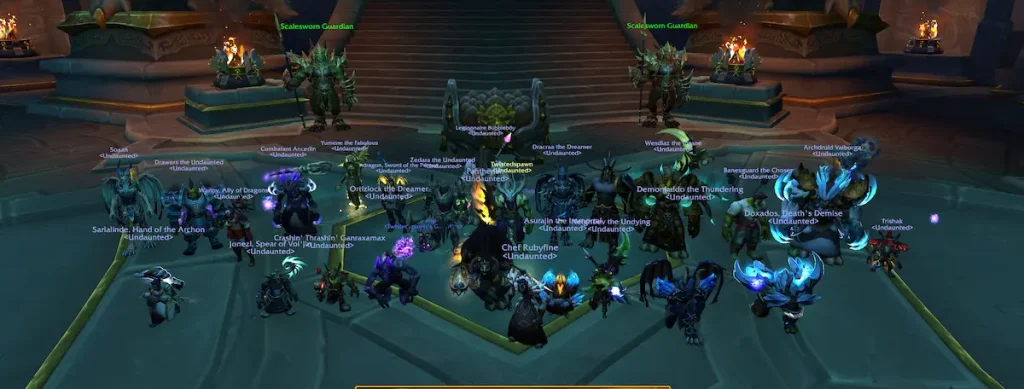 Membres de la guilde Undaunted réunis après leur victoire contre Raszageth dans World of Warcraft