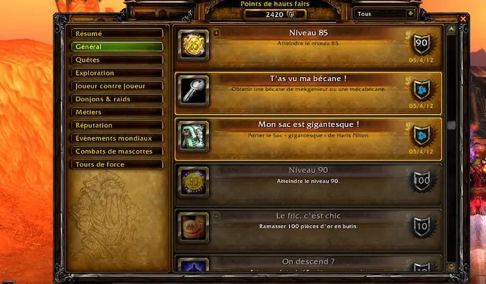 fenêtre des hauts fait sur World of Warcraft