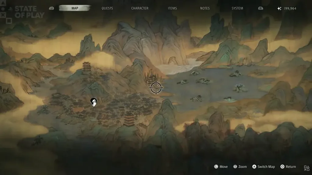 Carte du monde de Phantom Blade Zero dessinée dans un style traditionnel chinois
