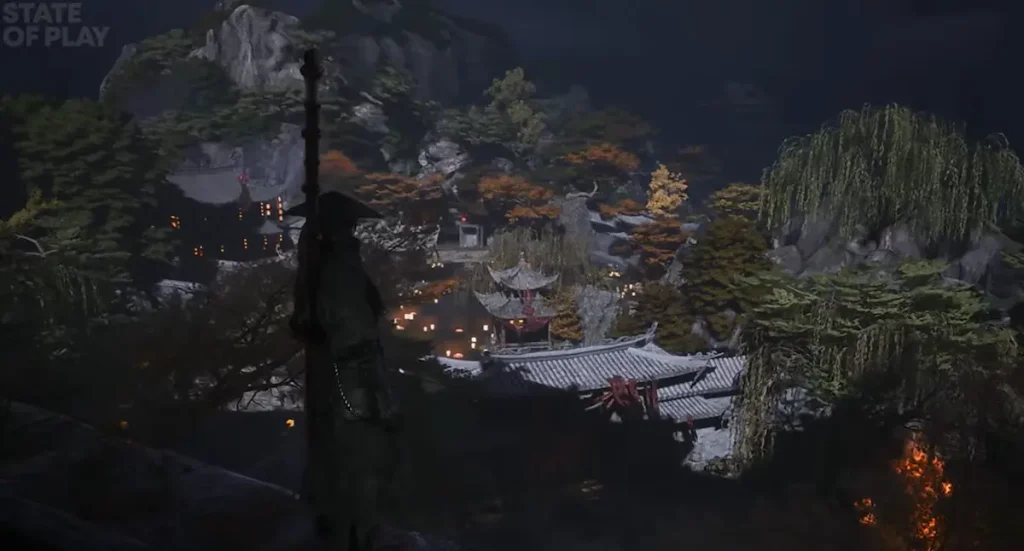 Vue d’une région de Phantom Blade Zero mêlant nature et architecture traditionnelle chinoise