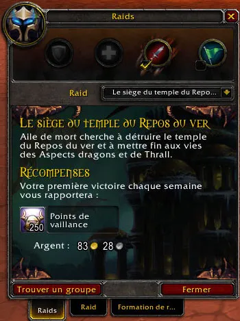 Fenêtre de recherche de raid dans World of Warcraft
