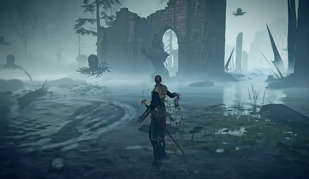 Séquence de gameplay de The Duskbloods montrant un personnage explorant des ruines inondées.