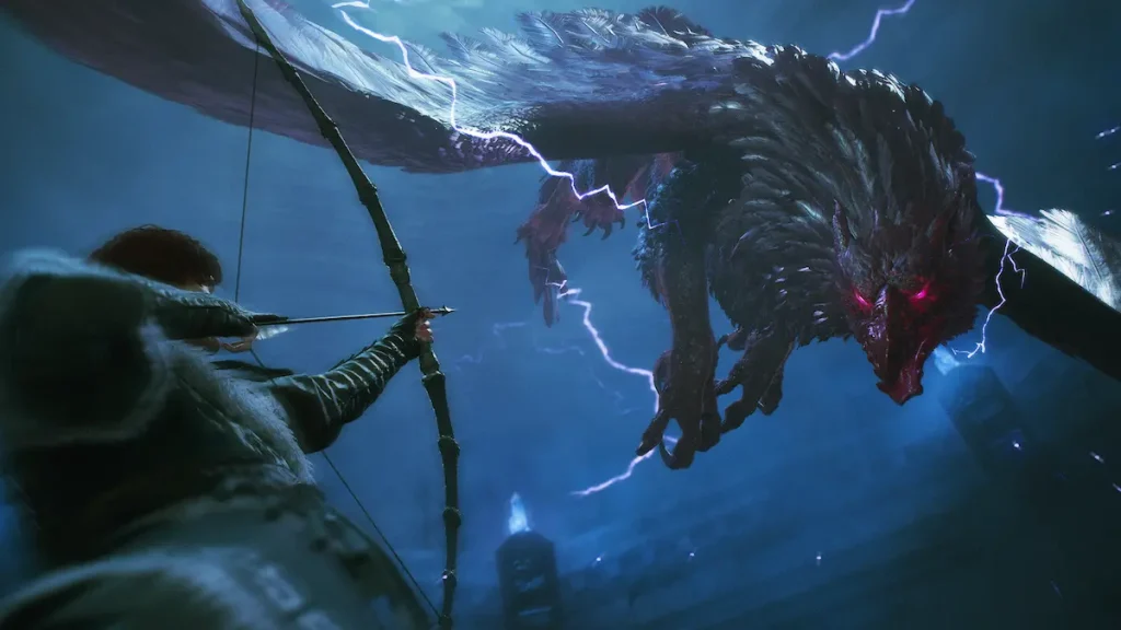 Un archer affronte une immense créature ailée dans Dragon’s Dogma 2: Dark Arisen