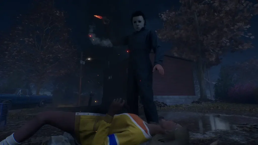 Michael Myers debout devant l’une de ses victimes dans Halloween: The Game