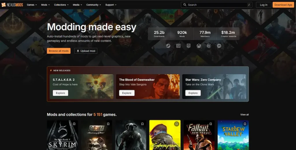 Capture d’écran de Nexus Mods, plateforme communautaire dédiée aux mods pour jeux PC