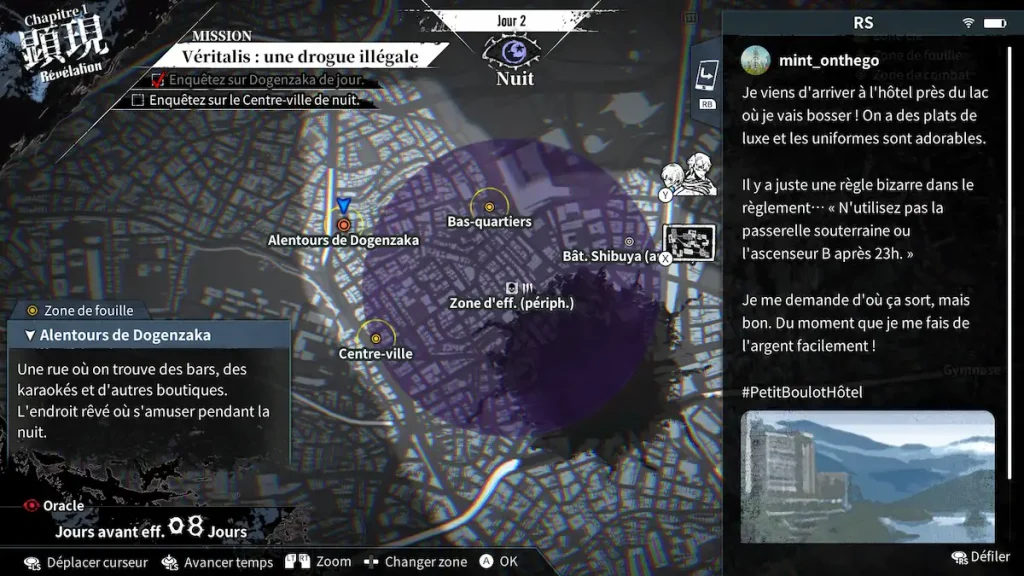 Carte interactive de Tokyo affichant les missions, les zones de combat et les secteurs touchés par la corruption dans Qliphah in Providence’s Shadow.