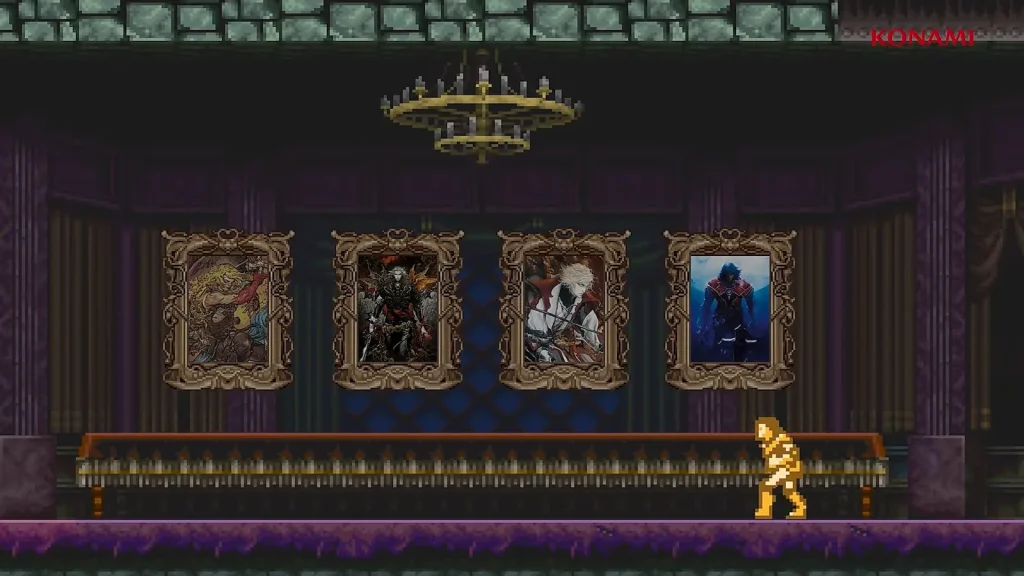 Simon Belmont devant quatre tableaux représentant Castlevania: Belmont’s Curse, Curse of Darkness, Lament of Innocence et Lords of Shadow