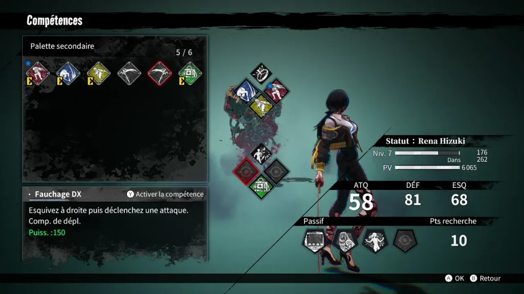 Menu permettant de choisir et d’améliorer les compétences actives et passives de Rena dans Qliphah in Providence’s Shadow.