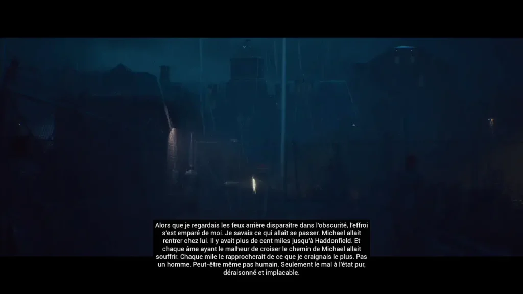 Un imposant bloc de sous-titres recouvre une cinématique de Halloween: The Game