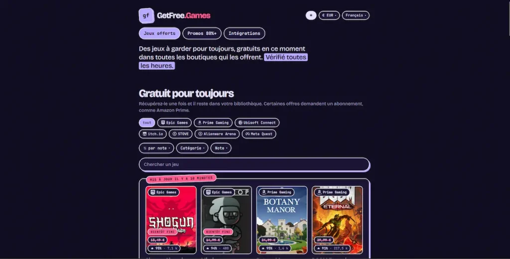 Page d’accueil de GetFree.Games affichant plusieurs jeux gratuits à récupérer