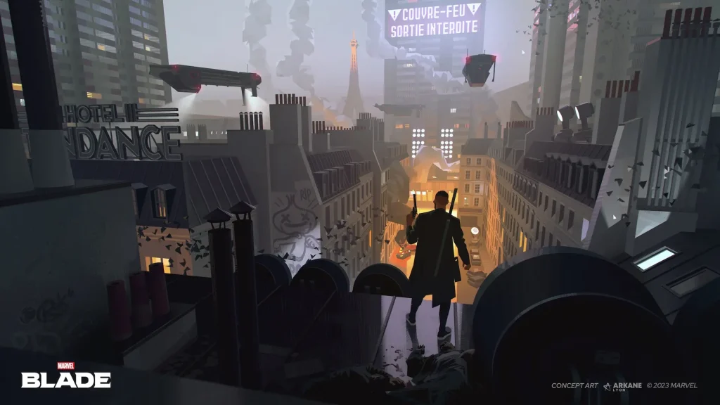 Concept art de Marvel's Blade montrant Blade sur les toits d’un Paris futuriste