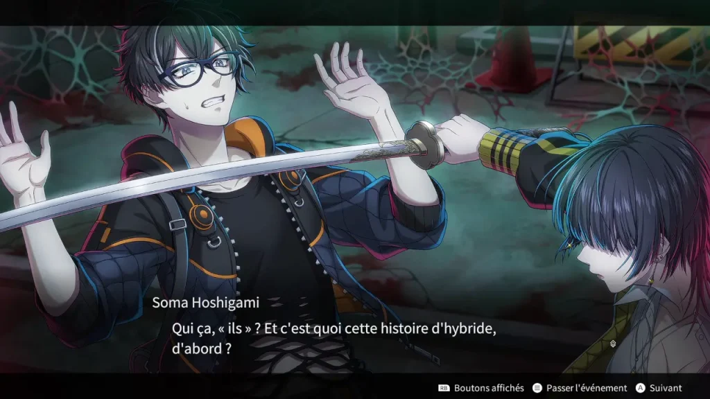 Rena Hizuki pointe son sabre vers Soma Hoshigami lors de leur première rencontre dans Qliphah in Providence’s Shadow.
