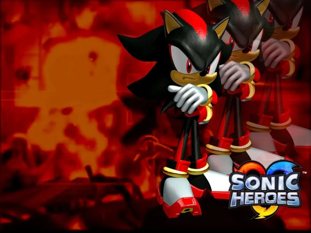 Shadow dans Sonic Heroes, devant un décor rouge avec le logo du jeu