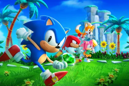 Sonic, Knuckles, Tails et Amy courant dans un décor coloré de la série Sonic. Sonic a failli disparaître.