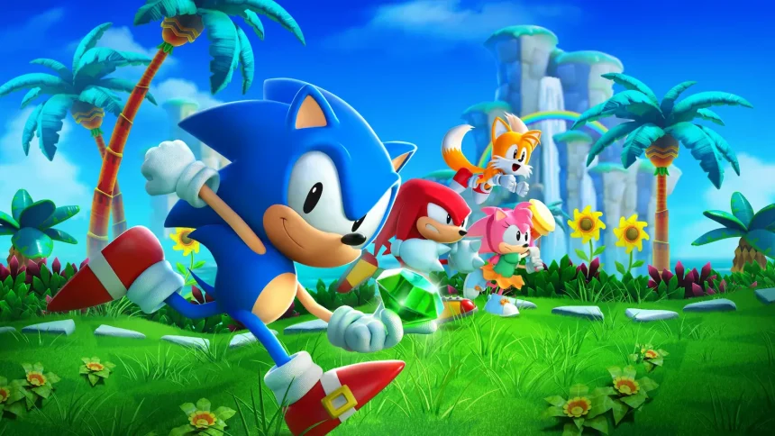 Sonic, Knuckles, Tails et Amy courant dans un décor coloré de la série Sonic. Sonic a failli disparaître.