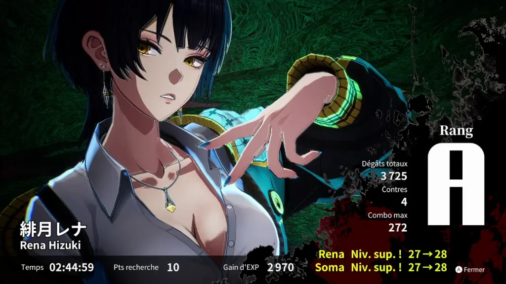 Écran de résultats d’un combat affichant Rena Hizuki et un rang A dans Qliphah in Providence’s Shadow.