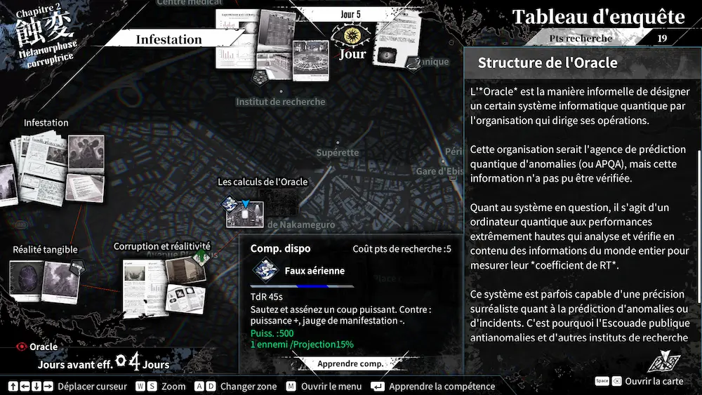 Tableau d’enquête présentant les indices recueillis et une explication détaillée de l’Oracle dans Qliphah in Providence’s Shadow.