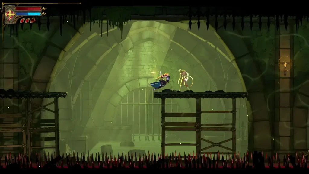Combat dans un niveau souterrain de Castlevania: Belmont’s Curse, au-dessus d’un sol couvert de pics.