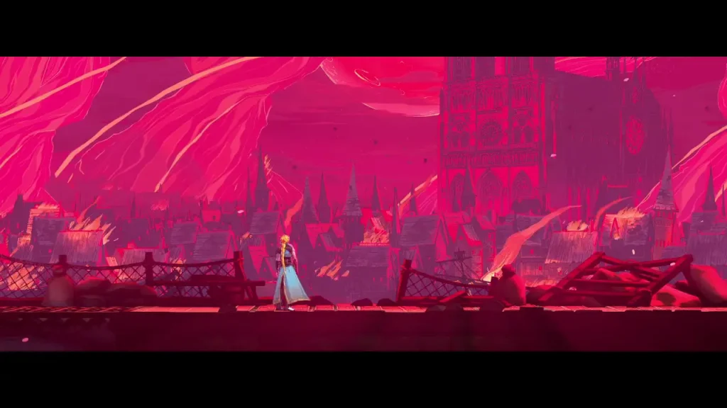 Vue de Paris en ruines dans Castlevania: Belmont’s Curse, avec un personnage au premier plan