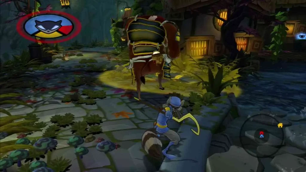 Sly Cooper dans une séquence de gameplay en environnement tropical
