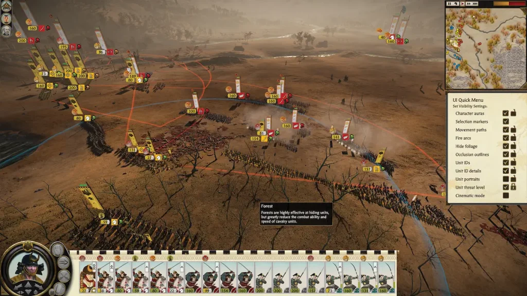Capture d'écran de Total War: Shogun 2 montrant une bataille entre plusieurs armées de samouraïs, avec l'interface de commandement visible.